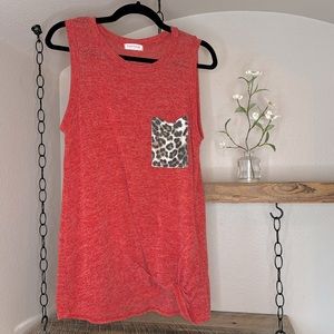First Love heathered red long soft tank with leopard pocket & knot hem, size M